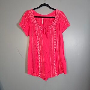 Monoreno Norm Thompson Pink Boho Embroidered Eyelet Lace Peasant Top Size Medium